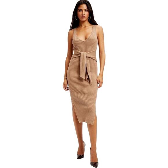 Good American Dress Belted Body Midi Ribbed Knit Stretch Taupe Tan Brown 3 L - Picture 1 of 10